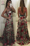 A Line Sleeveless Prom Dress with Embroidery, Long Formal Dress with V Back KPP0797