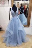 Blue Long Prom Dresses Deep V Neck Tulle Party Dresses, Floor Length Sleeveless Dress KPP0798