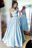 Light Blue Off the Shoulder Satin Prom Dress with Beading, Cheap Long Formal Dress KPP0800