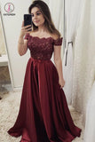 Burgundy Off Shoulder Satin Prom Dress with Lace, A Line Cheap Formal Dresses KPP0802