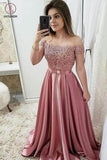 Burgundy Off Shoulder Satin Prom Dress with Lace, A Line Cheap Formal Dresses KPP0802