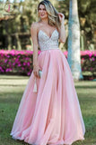 Pink Spaghetti Strap Beading Tulle Prom Dress, Sexy Backless Long Evening Dress KPP0804