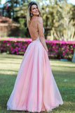 Pink Spaghetti Strap Beading Tulle Prom Dress, Sexy Backless Long Evening Dress KPP0804