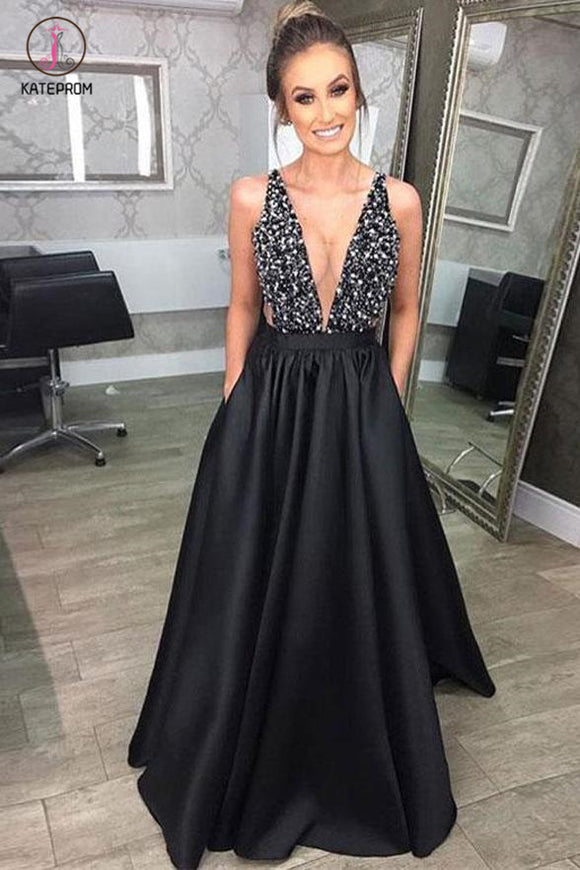 Black V Neck Prom Dress with Beading, Sparkly A Line Satin Party Dress with Sheer Back KPP0805