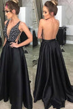 Black V Neck Prom Dress with Beading, Sparkly A Line Satin Party Dress with Sheer Back KPP0805