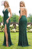 Green Sexy Sequins Prom Dress with Side Slit, Shiny Mermaid Long Prom Gown KPP0806