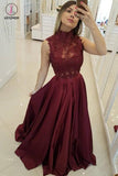 Dark Red High Neck Sleeveless Long Prom Dresses with Lace, A Line Graduation Dress KPP0807