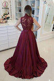 Dark Red High Neck Sleeveless Long Prom Dresses with Lace, A Line Graduation Dress KPP0807