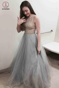 Gray Long Tulle Prom Dress with Beading, A Line Sleeveless Grey Formal Dresses KPP0812