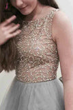 Gray Long Tulle Prom Dress with Beading, A Line Sleeveless Grey Formal Dresses KPP0812