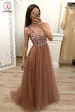 A Line Tulle Beading Prom Dress with Rhinestones, Cheap Sleeveless Long Prom Dresses KPP0815