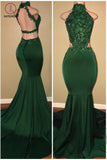 Green High Neck Sleeveless Mermaid Long Prom Dress with Appliques, Sexy Party Dress KPP0816