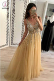 Sparkly V Neck Sleeveless Beading Prom Dress with Crystal, A Line Tulle Party Dress KPP0817