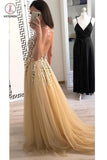 Sparkly V Neck Sleeveless Beading Prom Dress with Crystal, A Line Tulle Party Dress KPP0817