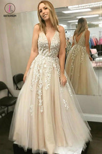 Floor Length V Neck Sleeveless Party Dress with Lace Appliques, Long Prom Dress KPP0818