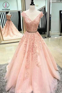 A Line V Neck Prom Dress with Lace Appliques, Cheap Tulle Party Dress with Beading KPP0820