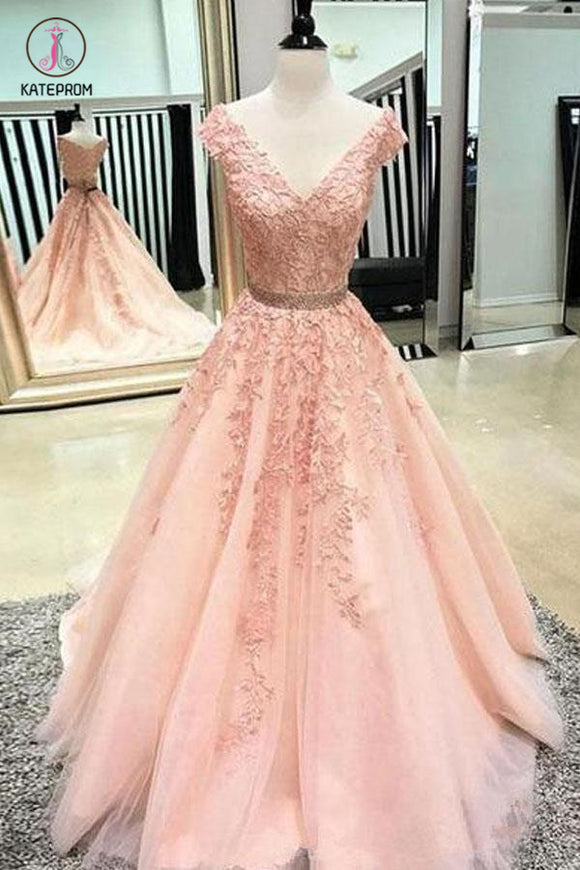 A Line V Neck Prom Dress with Lace Appliques, Cheap Tulle Party Dress with Beading KPP0820