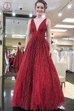 Beautiful Deep V Neck Dance Dress, A Line Sleeveless Long Prom Dresses KPP0821