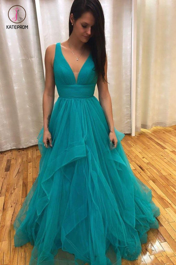 Teal Simple V Neck Long Prom Dresses with Straps and Ruffle Skirt, Dance Dresses KPP0823