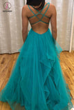 Teal Simple V Neck Long Prom Dresses with Straps and Ruffle Skirt, Dance Dresses KPP0823