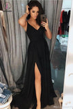 Simple A Line V Neck Prom Dress with Side Slit, Black Chiffon Sleeveless Evening Dress KPP0826
