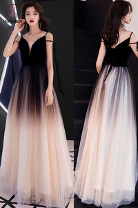 Black Ombre Long Tulle Prom Dress, Unique V Neck Sleeveless Party Dresses, Dance Dress KPP0829