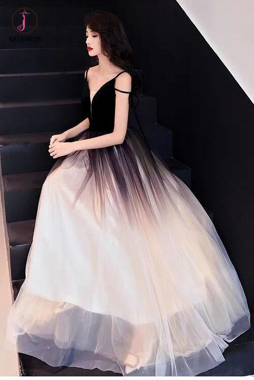 Black Ombre Long Tulle Prom Dress, Unique V Neck Sleeveless Party Dres –  kateprom