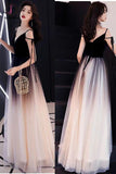 Black Ombre Long Tulle Prom Dress, Unique V Neck Sleeveless Party Dresses, Dance Dress KPP0829