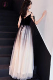 Black Ombre Long Tulle Prom Dress, Unique V Neck Sleeveless Party Dresses, Dance Dress KPP0829