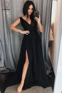 Custom Made Black Prom Dress, A Line Simple V Neck Formal Dress with Side Slit KPP0832