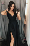 Custom Made Black Prom Dress, A Line Simple V Neck Formal Dress with Side Slit KPP0832