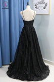 Spaghetti Straps Long Sequin Prom Dress With Split Black Long Evening Dress KPP0834