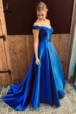 Royal Blue Off the Shoulder Prom Dress with Lace Appliques, A Line Satin Long Evening Dress KPP0836