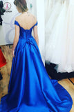 Royal Blue Off the Shoulder Prom Dress with Lace Appliques, A Line Satin Long Evening Dress KPP0836