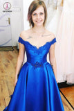 Royal Blue Off the Shoulder Prom Dress with Lace Appliques, A Line Satin Long Evening Dress KPP0836