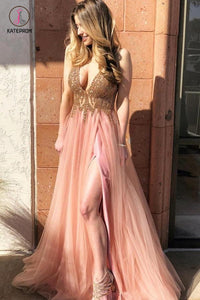 Sexy Deep V Neck Sleeveless Tulle Long Prom Dress, A Line Beading Formal Dresses KPP0840