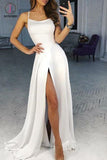 White Spaghetti Strap Split Formal Dress, Sexy Long Prom Dress with Side Slit KPP0841