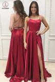 Red Spaghetti Strap Split Formal Dress, Sexy Long Prom Dress with Side Slit KPP0842