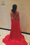 Simple Red Spaghetti Strap Formal Dress with Pockets, Sexy Long Prom Dress KPP0843