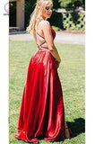 Simple Red Spaghetti Strap Formal Dress with Pockets, Sexy Long Prom Dress KPP0843