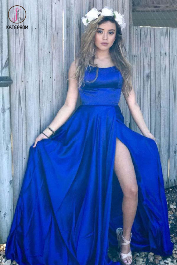 Royal Blue Spaghetti Strap Formal Dress with Side Slit, Sexy Sleeveless Long Prom Dress KPP0844