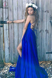 Royal Blue Spaghetti Strap Formal Dress with Side Slit, Sexy Sleeveless Long Prom Dress KPP0844