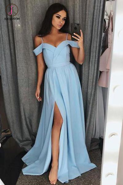 Light Blue Off the Shoulder Prom Dress with Side Slit, A Line Long Formal Dresses KPP0845