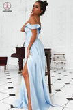 Light Blue Off the Shoulder Prom Dress with Side Slit, A Line Long Formal Dresses KPP0845