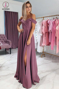 Unique Off the Shoulder Floor Length Prom Dress with Side Slit, A Line Long Formal Dress KPP0847