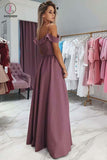 Unique Off the Shoulder Floor Length Prom Dress with Side Slit, A Line Long Formal Dress KPP0847