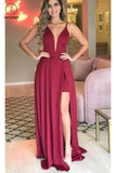 Sexy Sleeveless Split Prom Dress, Deep V Neck Ruched Long Evening Dresses KPP0849