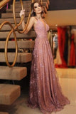 Sexy Long Lace Prom Dress, A Line Deep V Neck Sleeveless Formal Dresses KPP0850