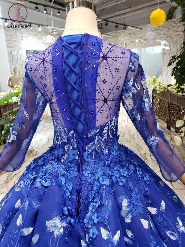 Blue Flower Ball Gown With Sleeves | 2024 Embroidered Prom Dress | Long Sleeve Blue Gown | Flower Princess Dress | Gown For Mom