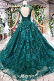 Dark Green Lace Ball Gown Prom Dress With Beads, Quinceanera Dress with Flowers KPP0854